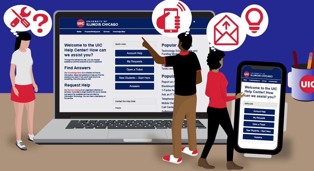 Cartoon illustration of students getting support at UIC Help Center on different devices