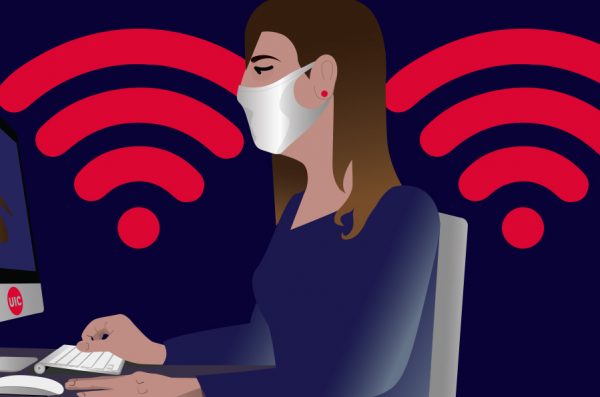 Illustration of student wearing mask on computer