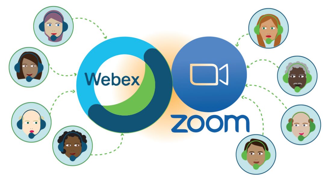 Illustration of people with headsets connecting to Webex and Zoom Online Collaboration Tools