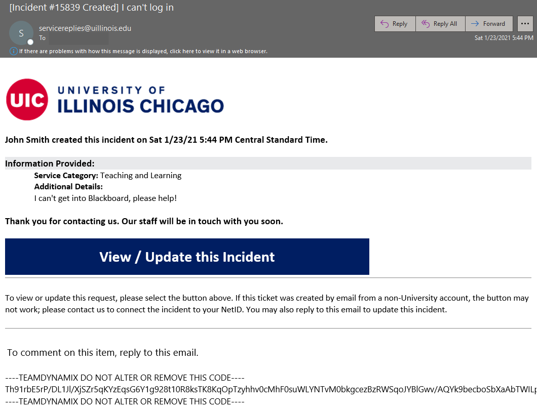 Example email template from UIC Help Center