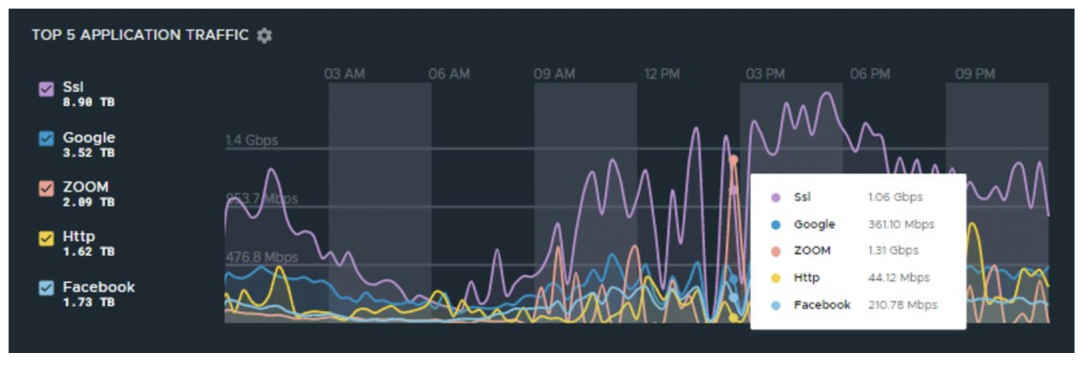 Chart showing top 5 application traffic (SSL, Google, Zoom, HTTP, Facebook)