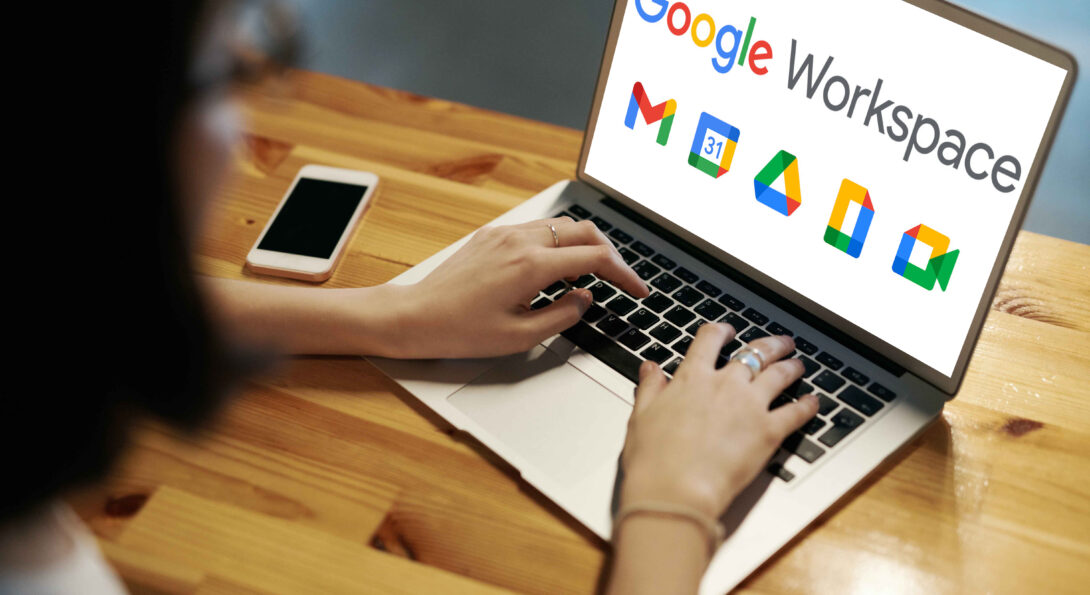 Image of Google workspace logos on laptop for decoration only