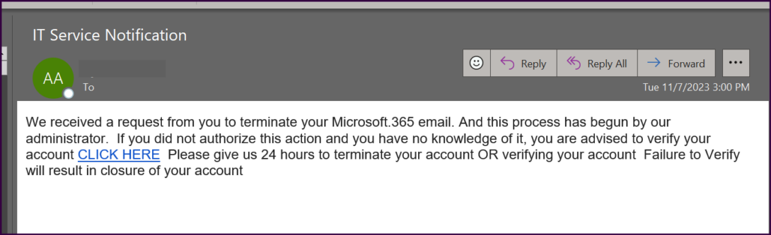 Screen shot of Fake Microsoft Deactivation email with CLICK HERE link