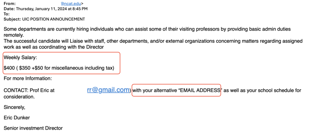 Screen shot of Fake job offer email from Professor
