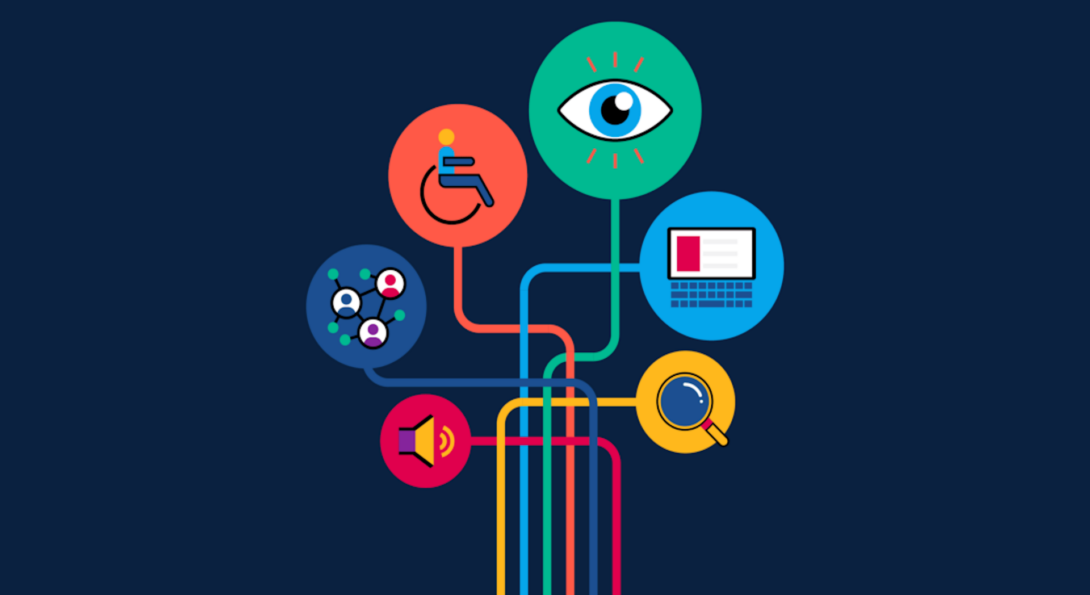 Navy blue background with icons of an eye, wheelchair, laptop, people, volume indicator and a magnifying glass.