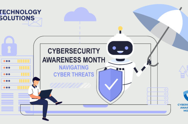 Graphic of a robot protecting a student using laptop to represent cybersecurity