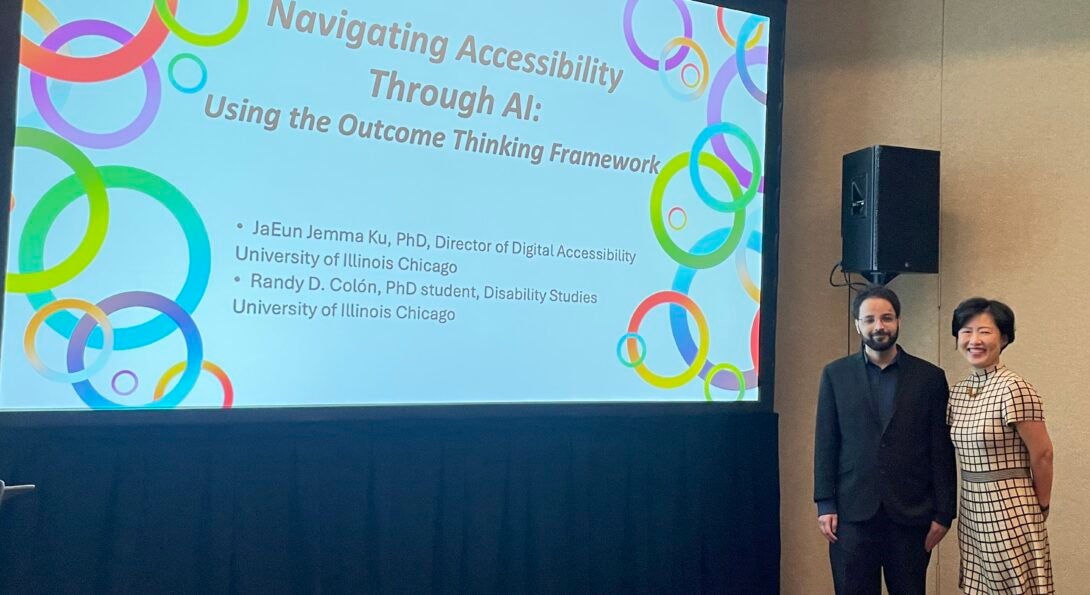 UIC Director of Accessibility Jemma Ku and  Ph.D. Student and Accessibility Consultant Randy Colón presenting at the EDUCAUSE conference