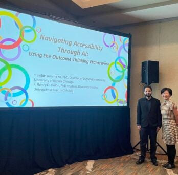 UIC Director of Accessibility Jemma Ku and  Ph.D. Student and Accessibility Consultant Randy Colón presenting at the EDUCAUSE conference
                  