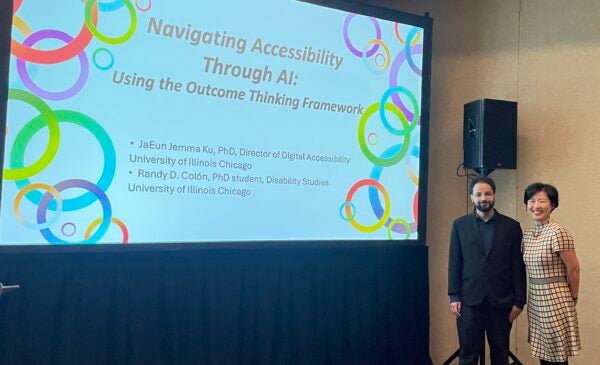 UIC Director of Accessibility Jemma Ku and  Ph.D. Student and Accessibility Consultant Randy Colón presenting at the EDUCAUSE conference