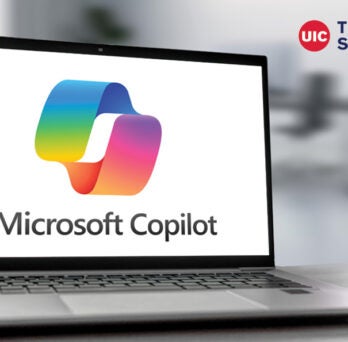 Microsoft Copilot logo on laptop screen and Technology Solutions logo for decoration only
                  