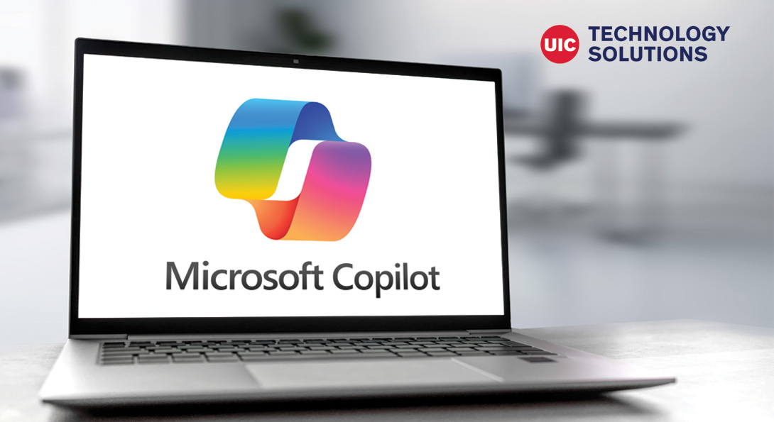 Microsoft Copilot logo on laptop screen and Technology Solutions logo for decoration only