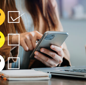 A person holding a tablet and icons of satisfaction ratings such as stars, check marks and smiley faces
                  