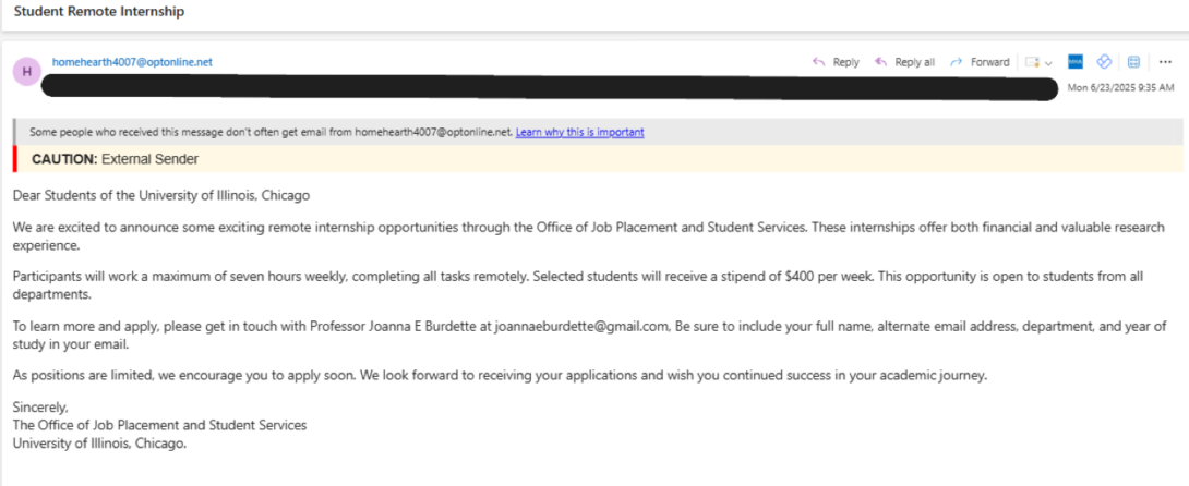 Screenshot of email